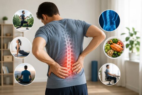 Man experiencing chronic lower back pain with exercise, stretching, nutrition, and lifestyle strategies