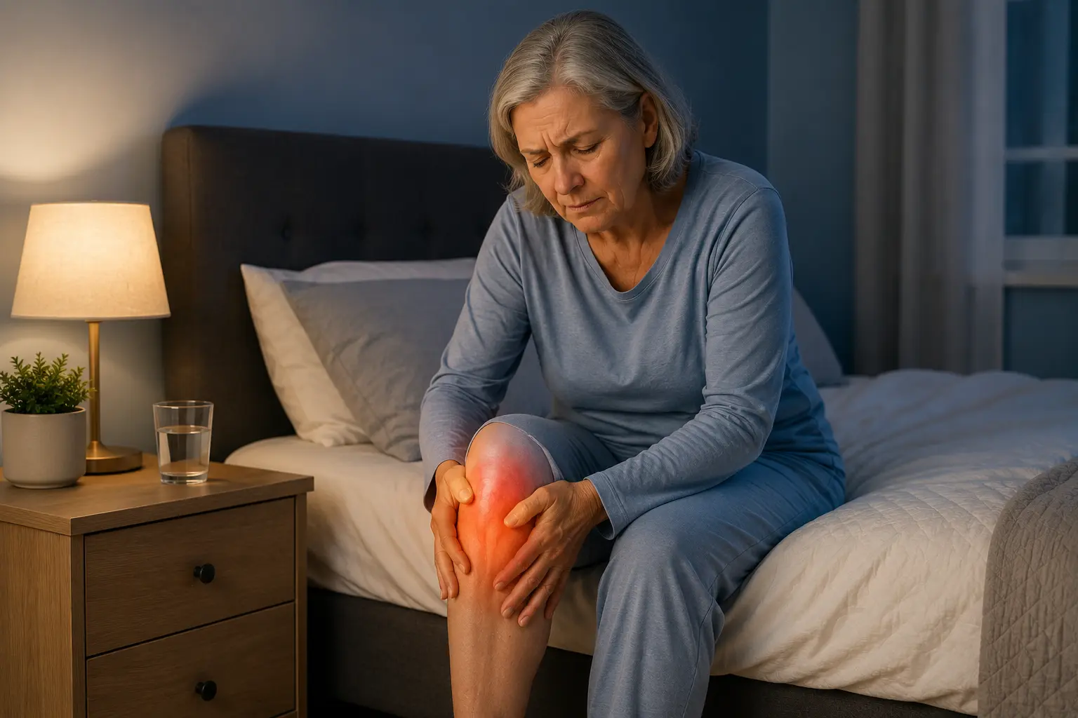 Elderly woman sitting on the bed holding her painful knee at night