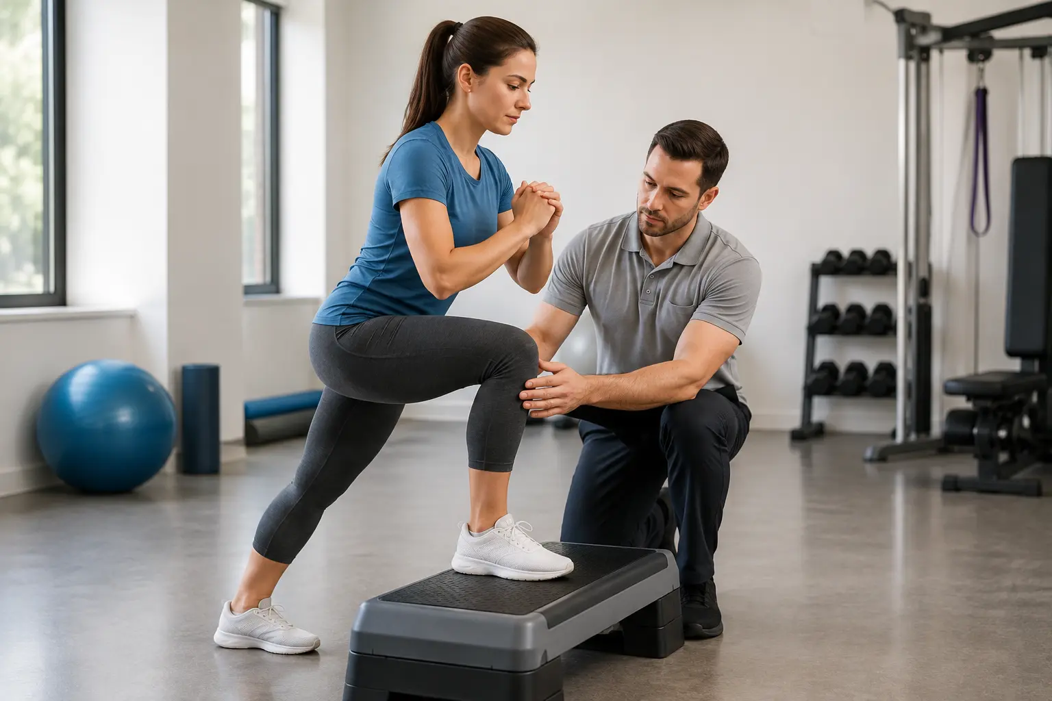 Person performing a knee strengthening exercise with guidance from a healthcare professional